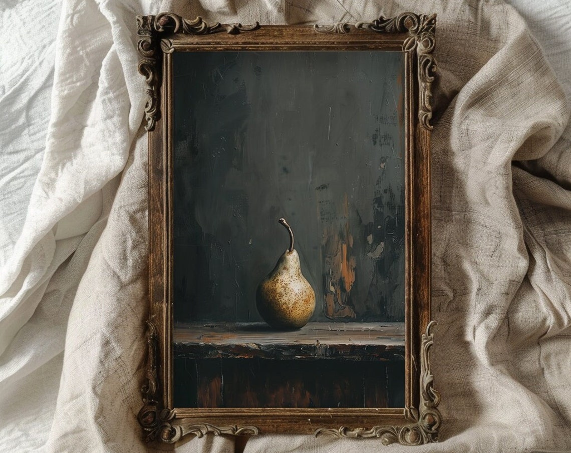 Pear Cottagecore Kitchen Wall Art Primitive Vintage Fruit Still Life Oil Painting For Rustic Farmhouse Style Kitchen Dark Moody Kitchen Art