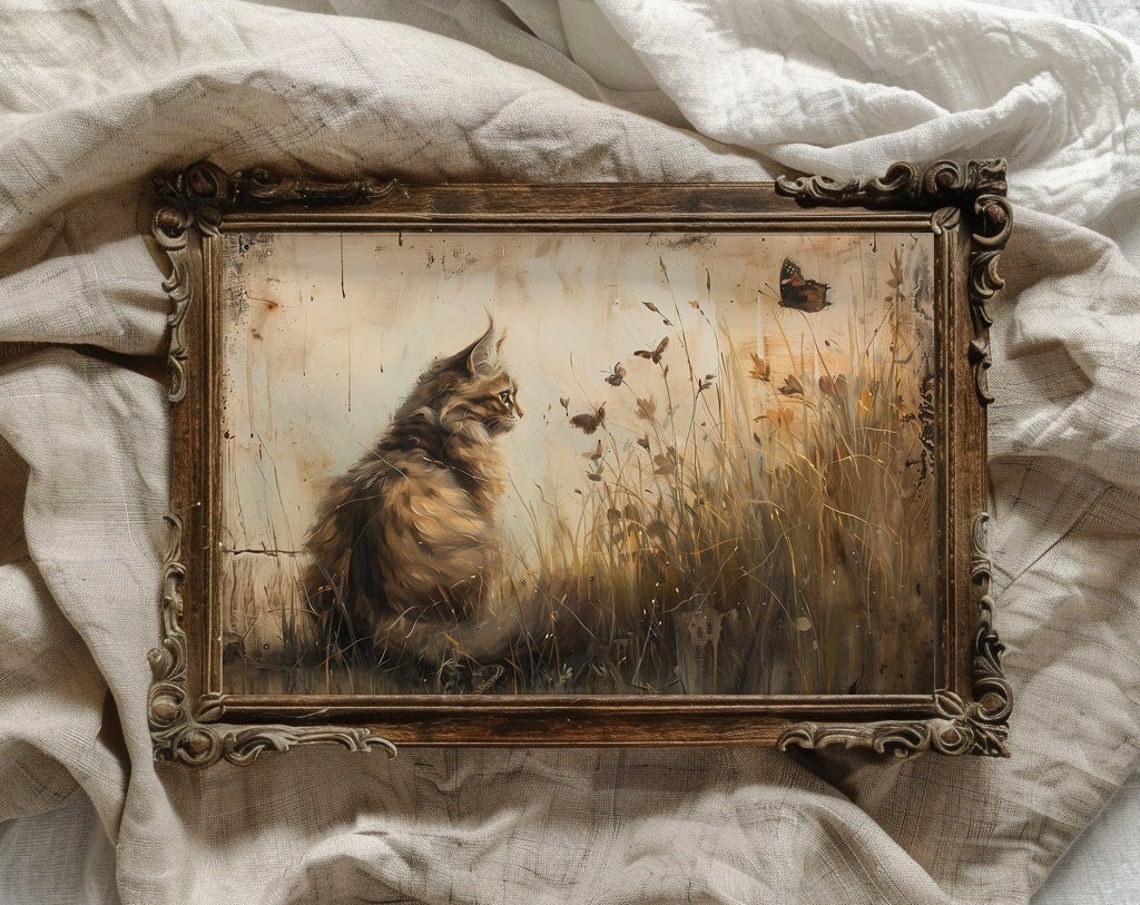 Long Haired Cat Watching Butterflies in Tall Golden Grass Poster - Image 3