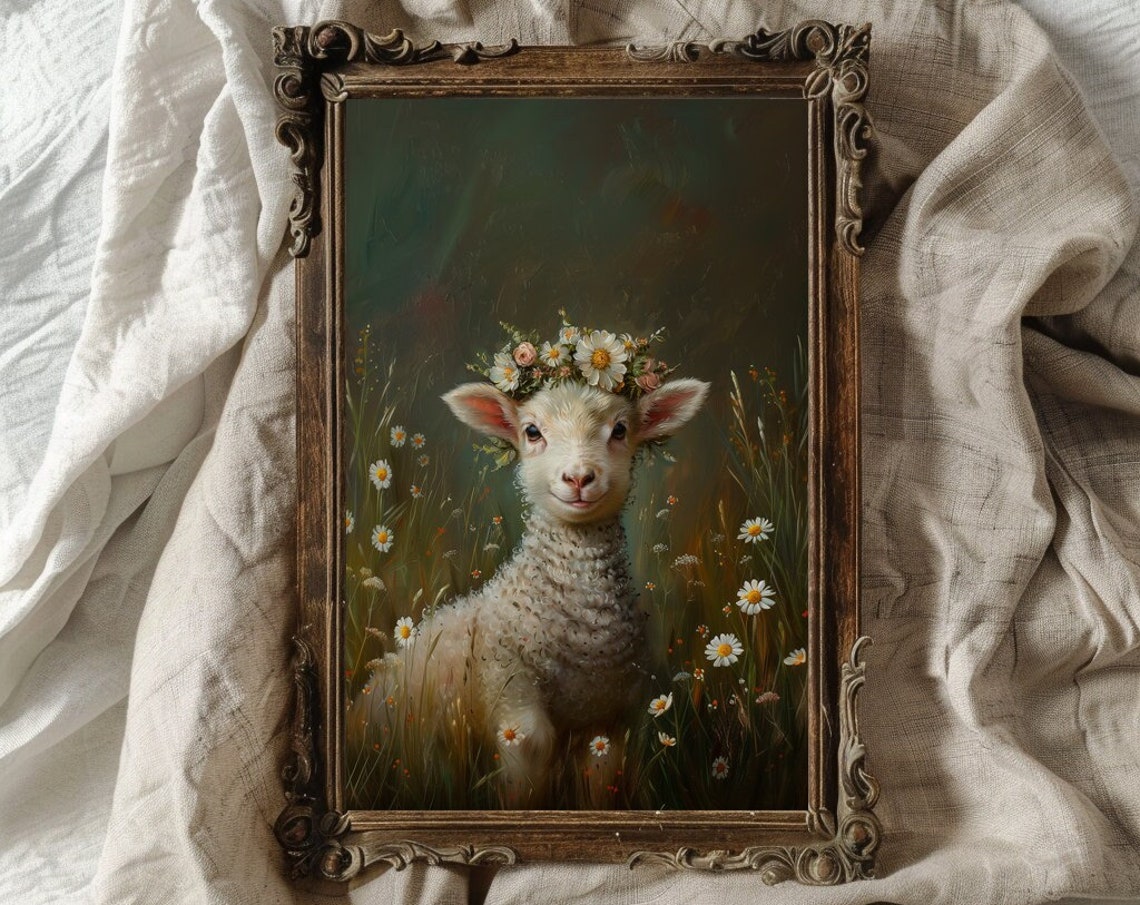 Smiling Lamb Wearing a Daisy Flower Crown in a Meadow Poster