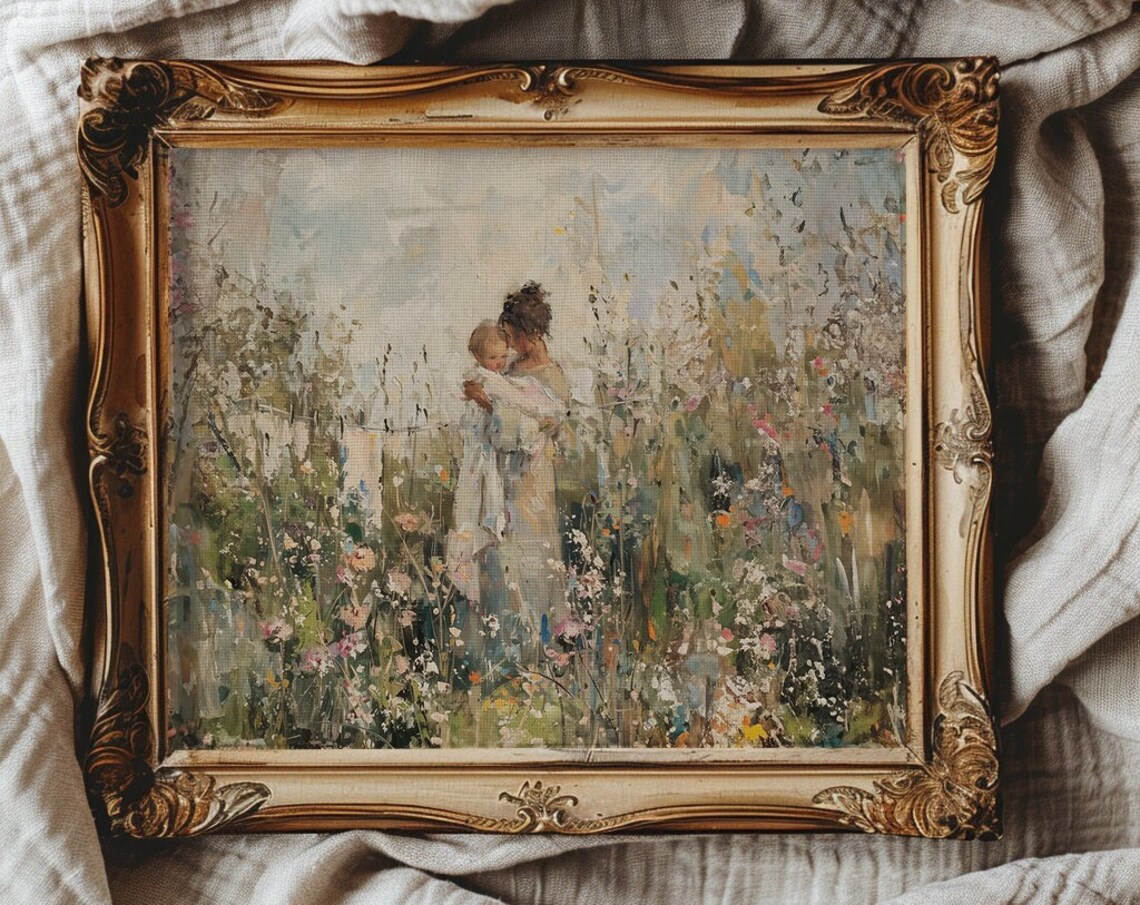 Mother Embracing Child in a Wildflower Garden Vintage Poster