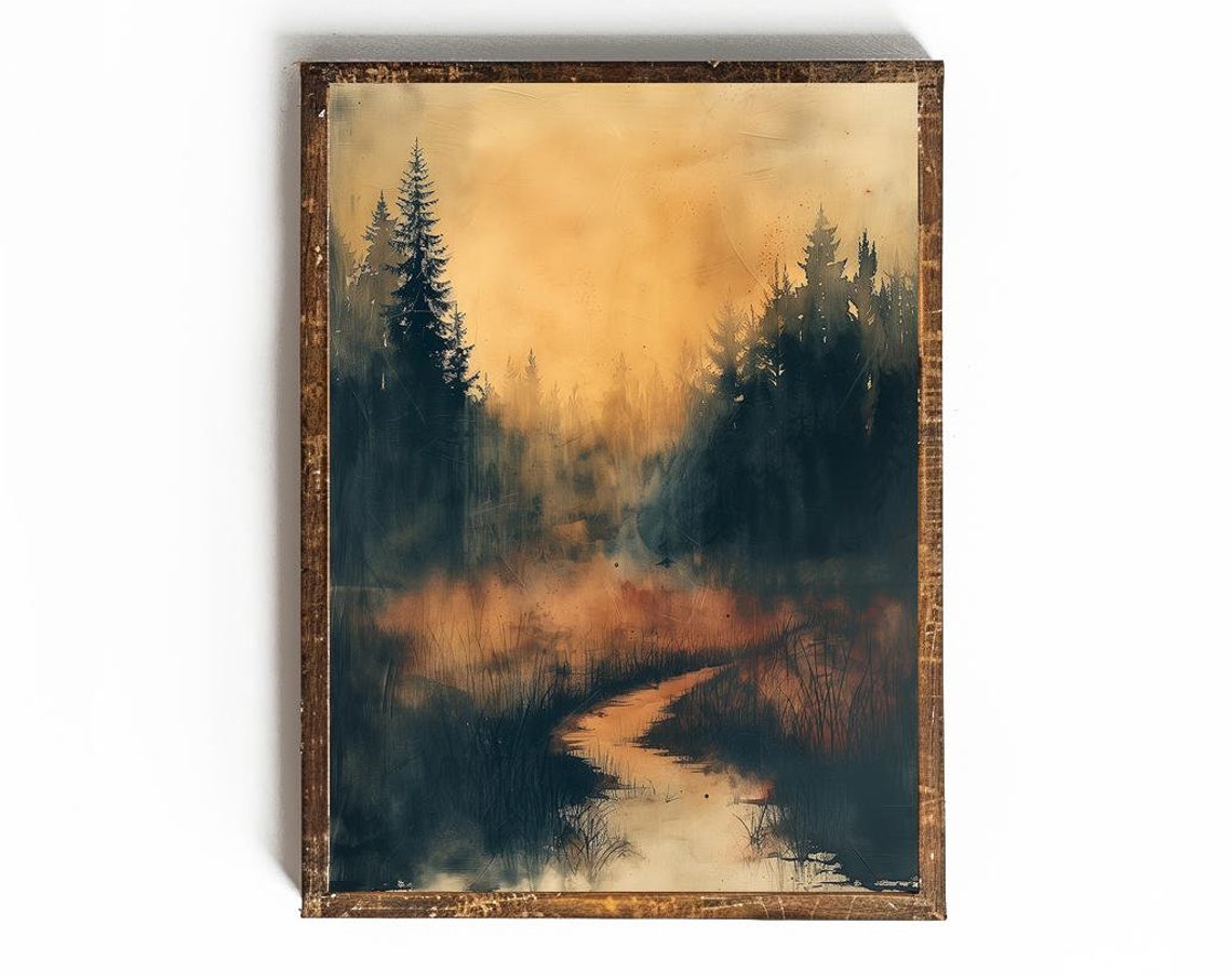 Misty Pine Forest At Golden Dawn Moody Woodland Path Art Poster
