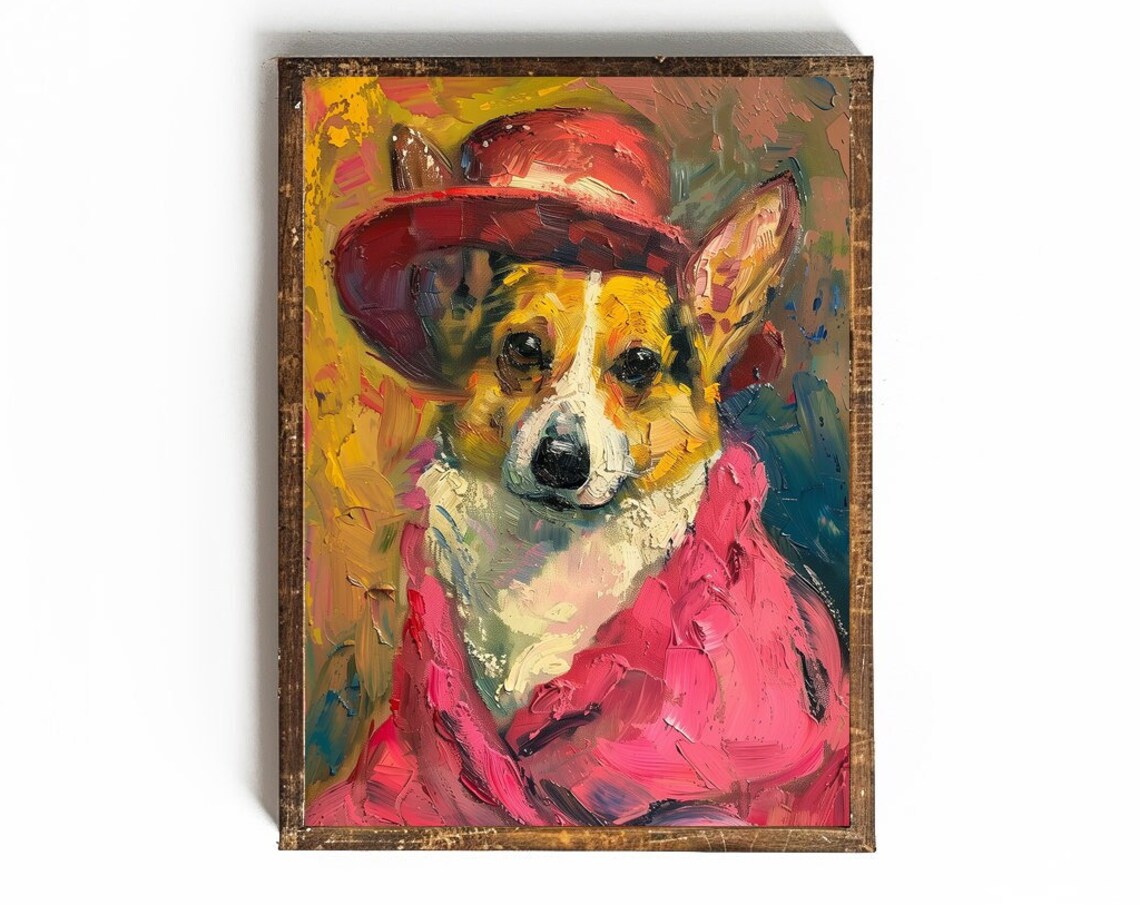 Corgi Dog In Red Hat And Pink Coat Maximalist Oil Portrait Poster