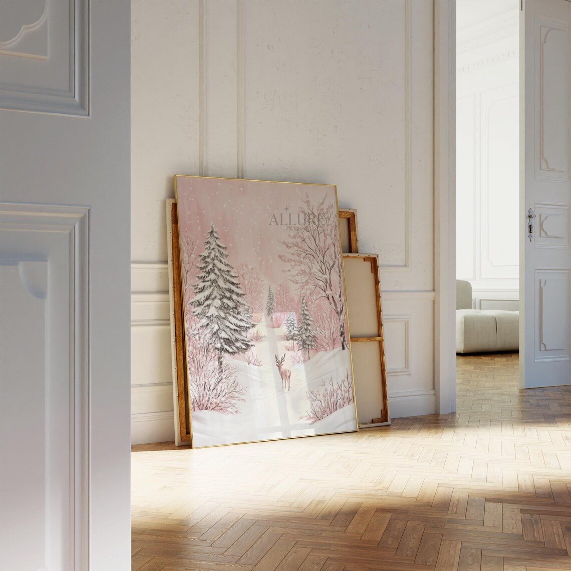 Pink Winter Forest Print, Snowy Christmas Trees - Image 3