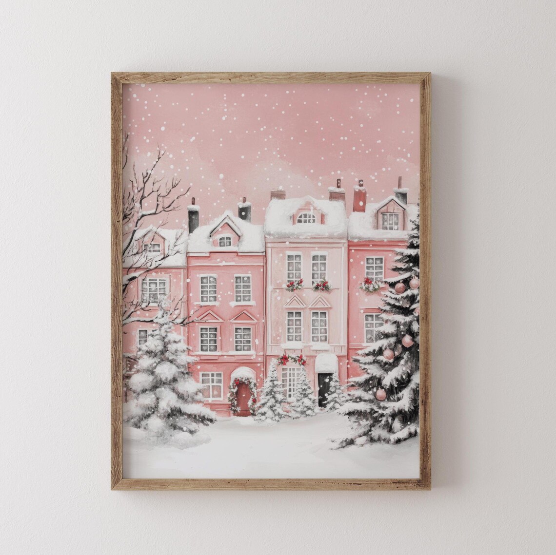 Pink Winter Christmas Village Art Print, Holiday Decor - Image 2