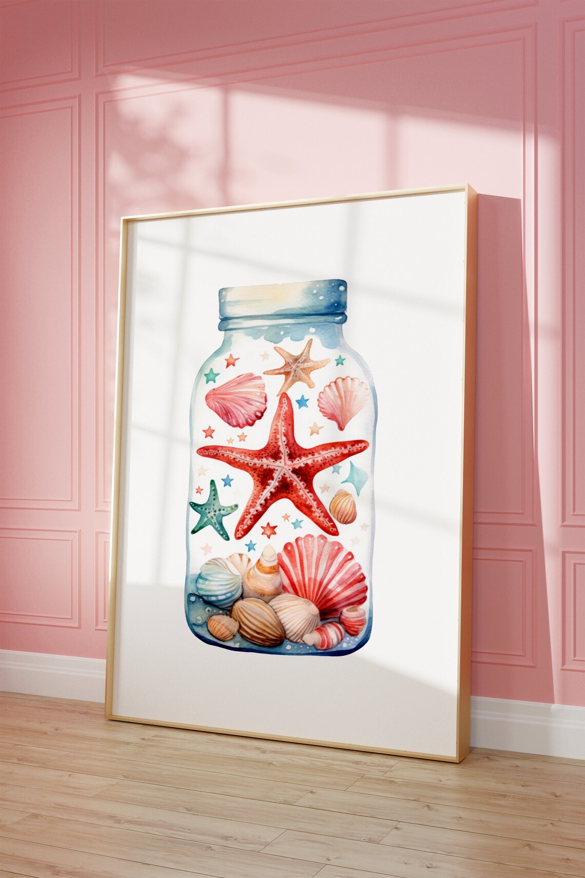 Watercolor Seashell Jar with Red Starfish Coastal Beach Wall Art - Image 3