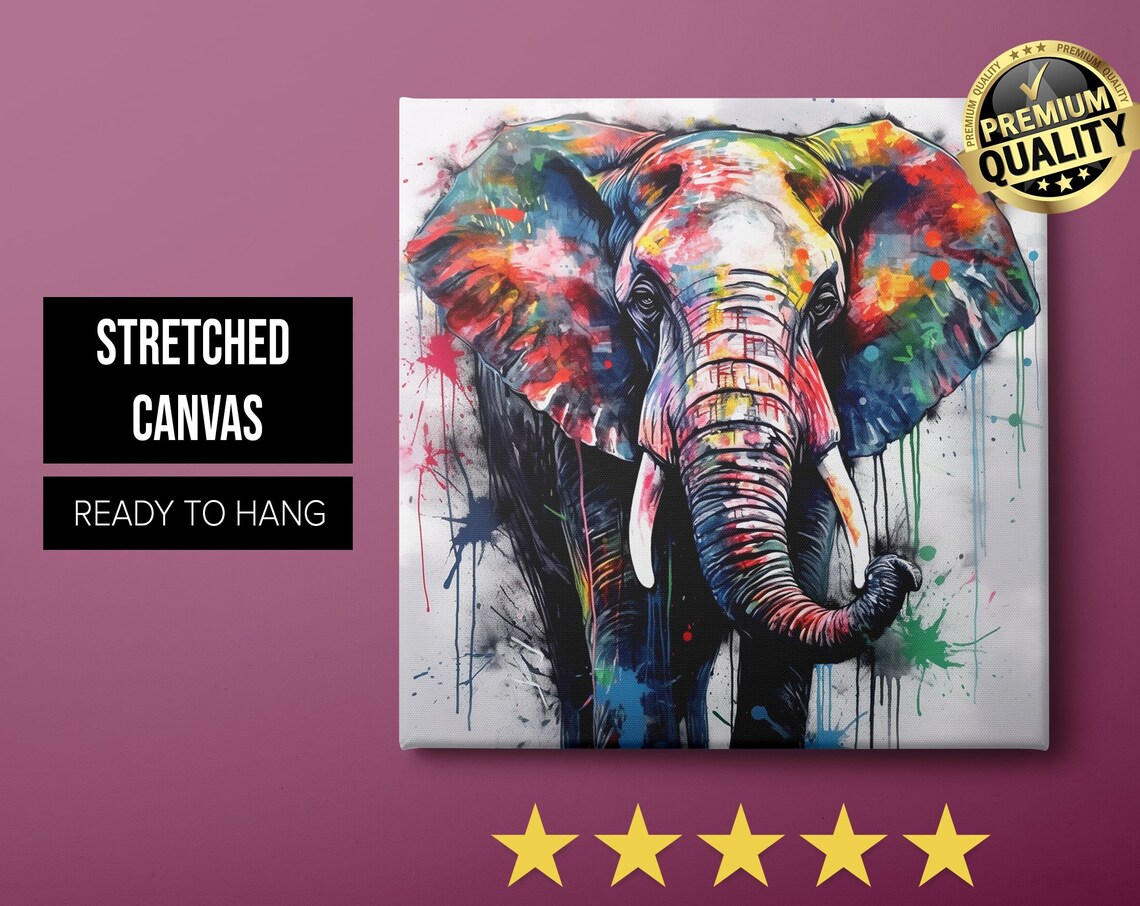 Colorful Watercolor Elephant Splash Rainbow Animal Portrait Wall Art