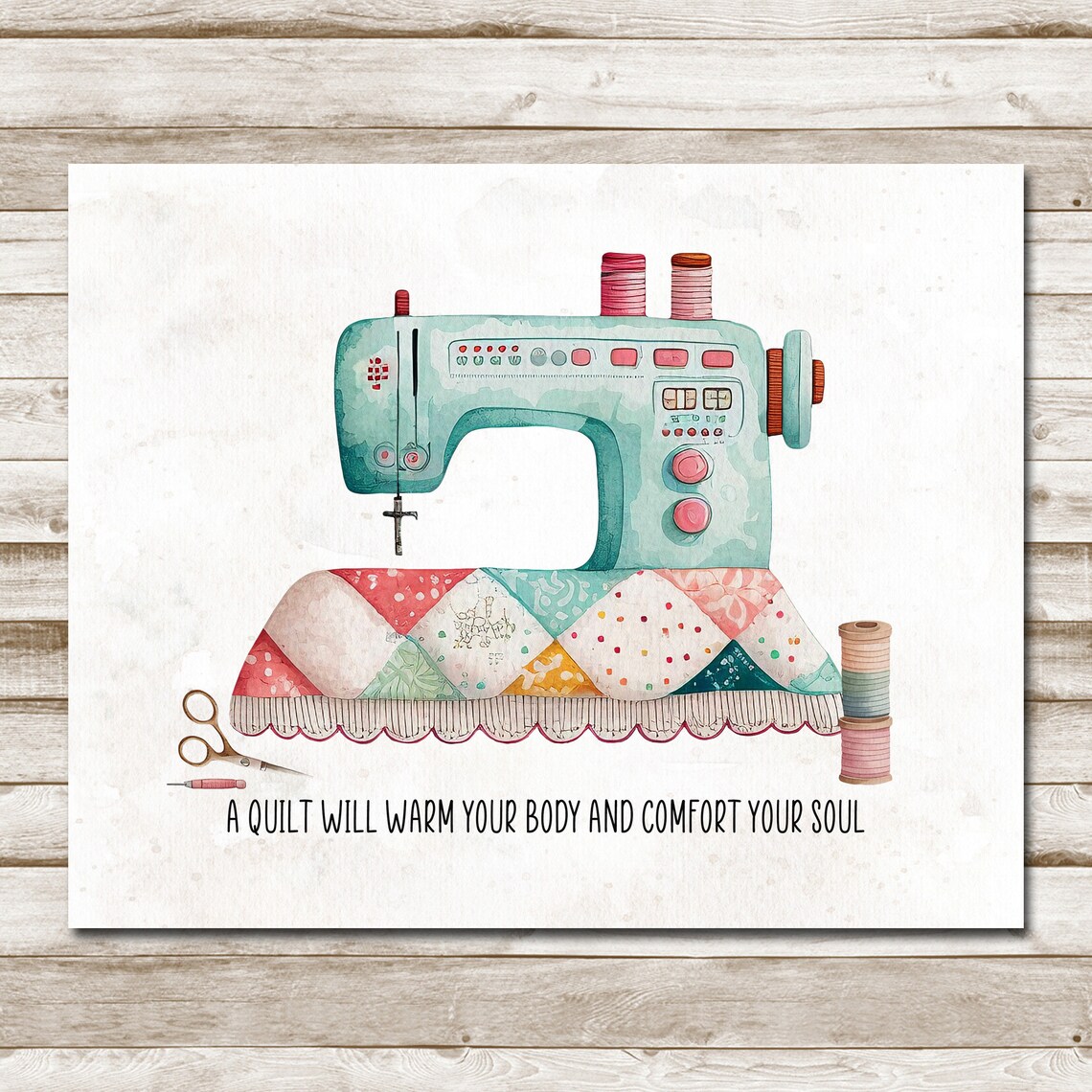 A Quilt Will Warm Your Body Teal Sewing Machine Patchwork Quilter Gift Poster - Image 4