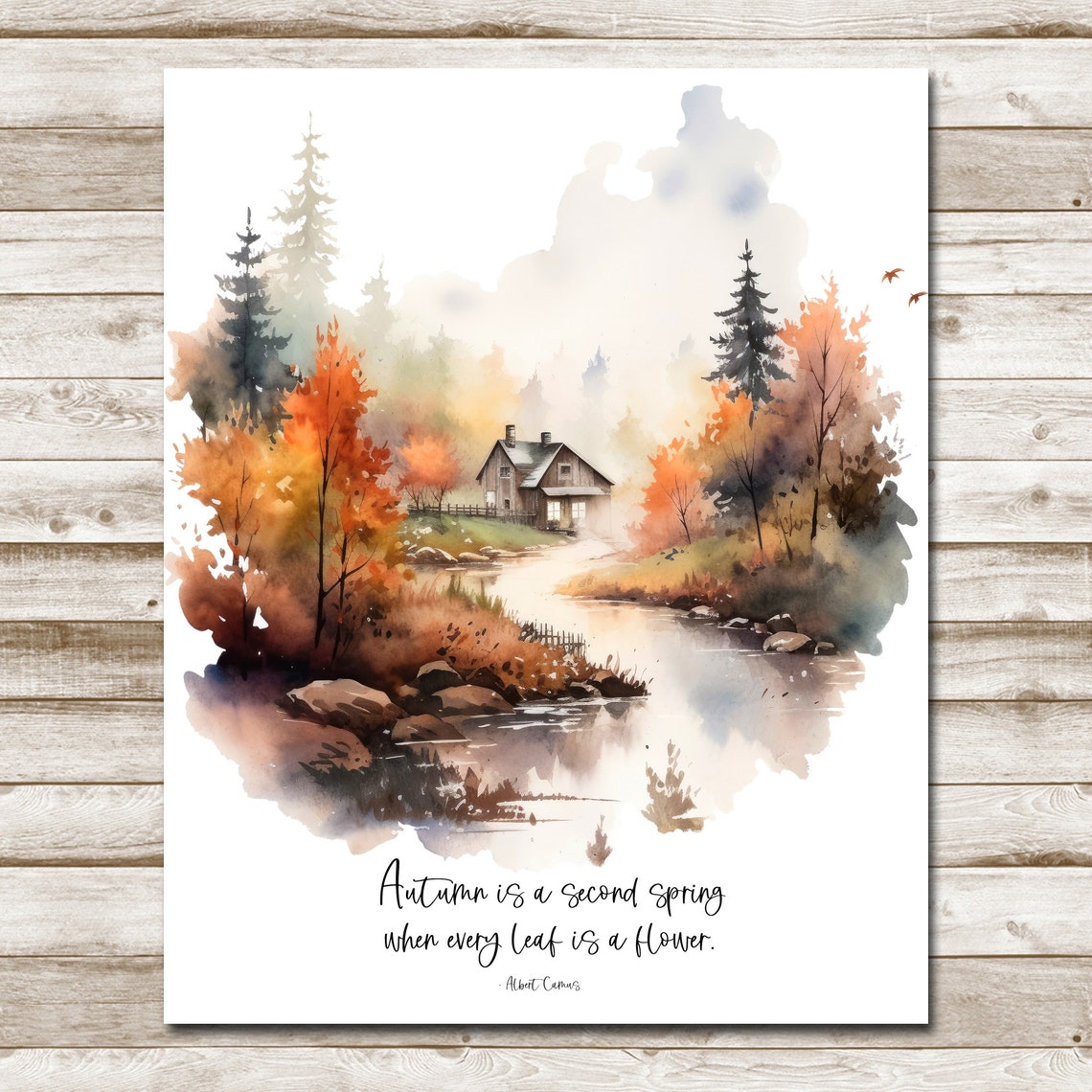 Autumn Is A Second Spring Camus Quote Cabin Watercolor Poster - Image 4