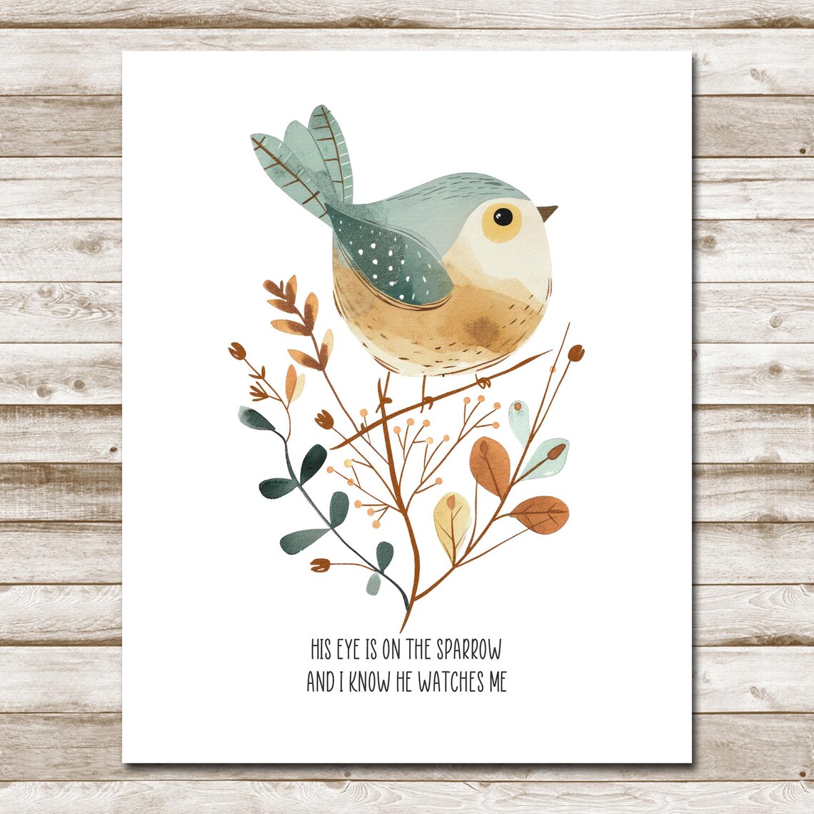 His Eye Is On the Sparrow Bird Hymn Quote Watercolor Wall Art - Image 4