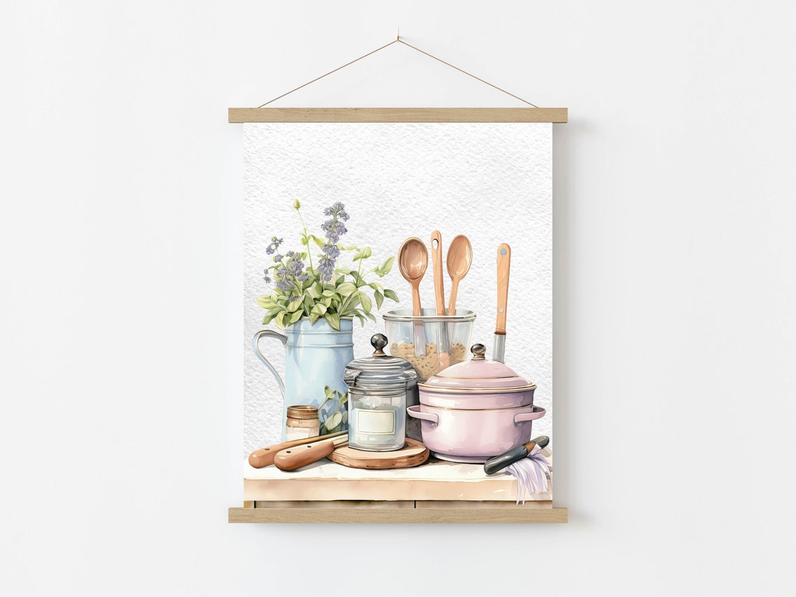 Watercolor Kitchen Still Life Enamelware Pitcher Utensils Home Poster - Image 7