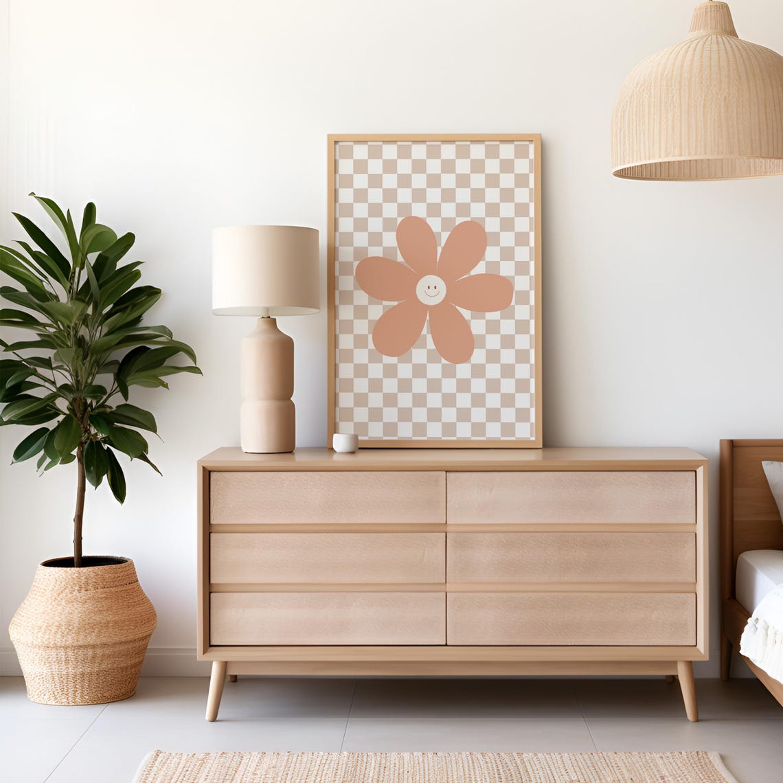 Happy Daisy Peach Terracotta Checkerboard Kids Room Art Poster - Image 2
