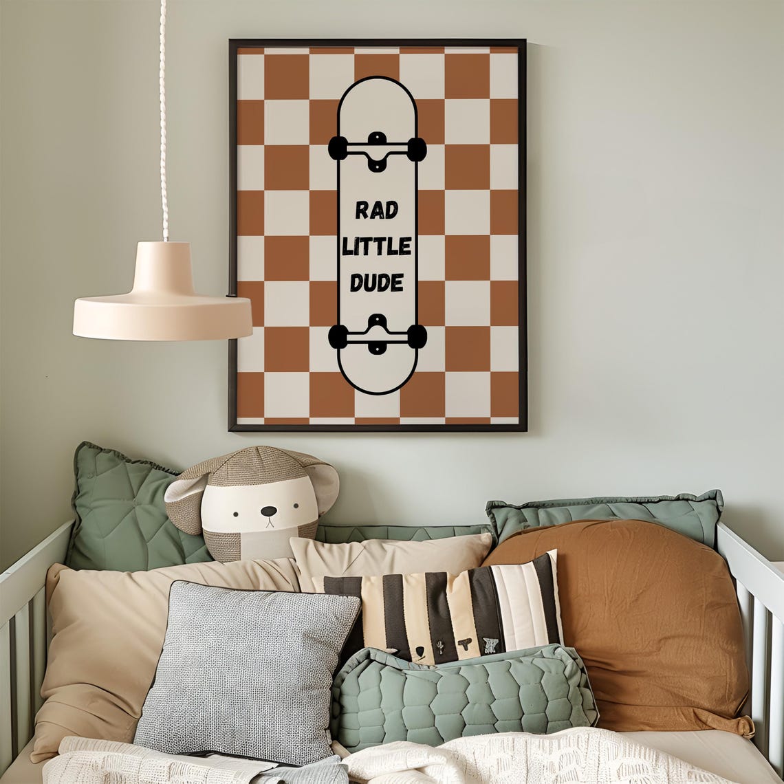 Rad Little Dude Skateboard Brown Checkered Kids Room Art Poster - Image 2