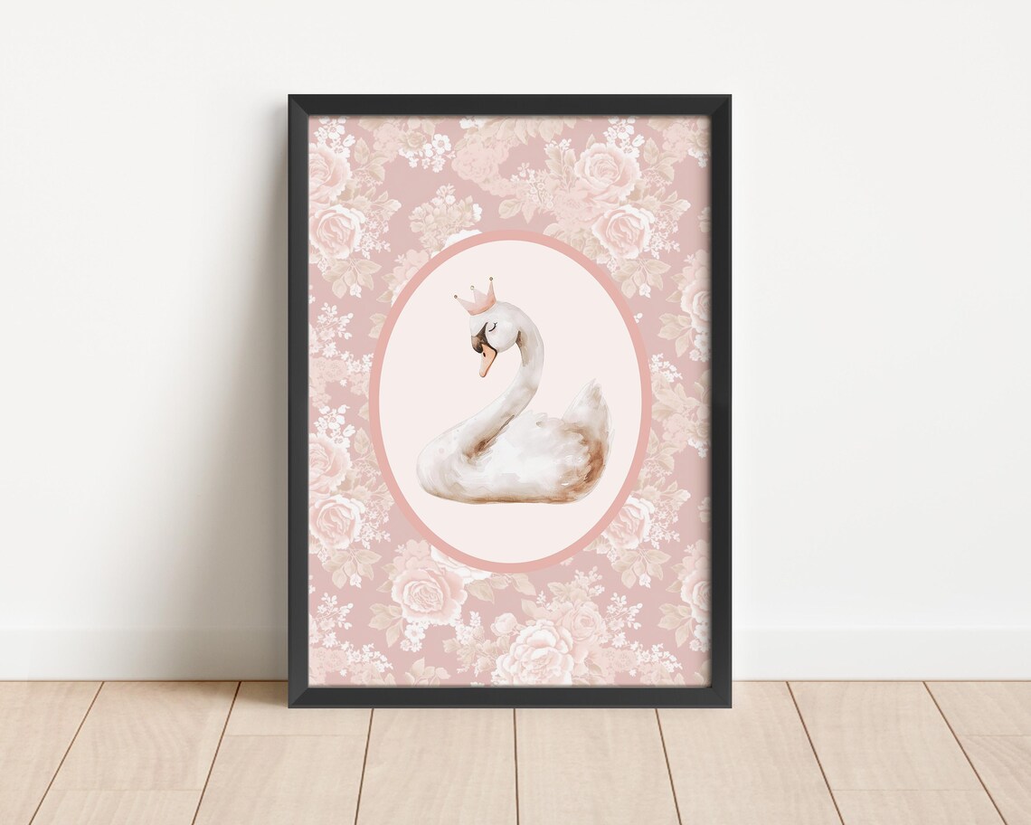 Crowned Swan Watercolor Royal Floral Oval Nursery Art Poster - Image 3