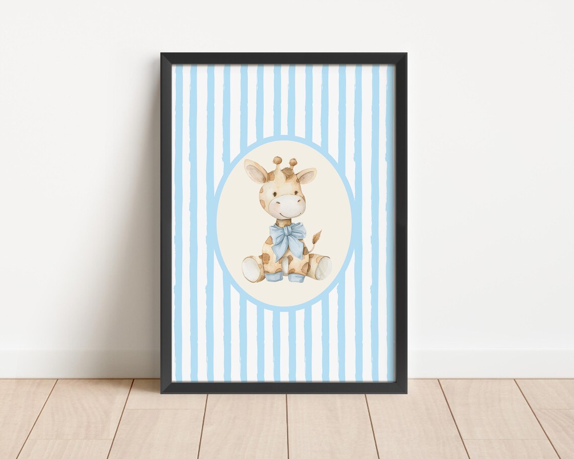 A Sweet Baby Giraffe Blue Striped Safari Nursery Watercolor Poster - Image 2