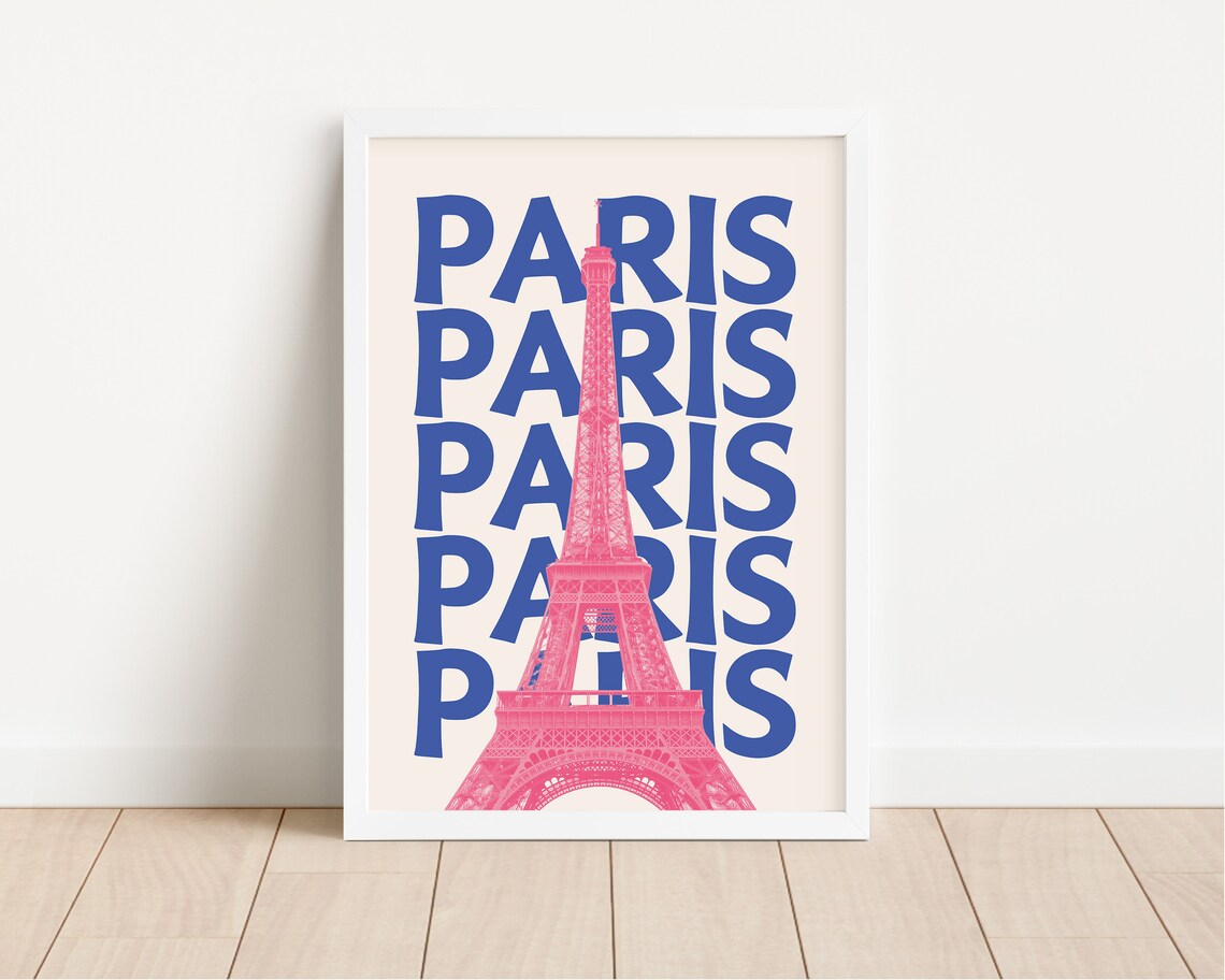 Paris Retro Blue Pink Eiffel Tower France Summer Travel Poster - Image 2