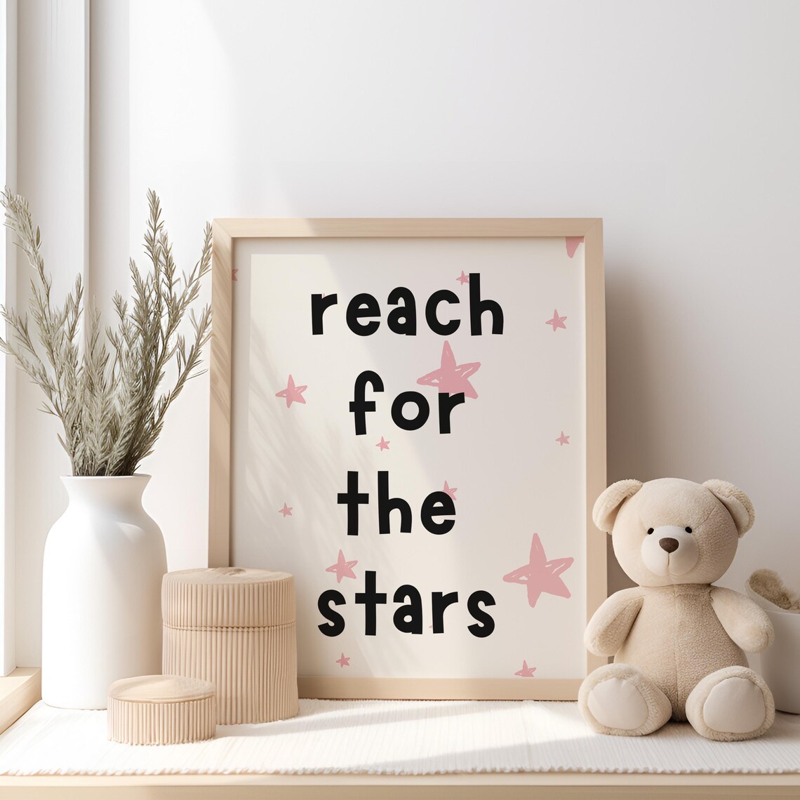 Reach For The Stars Nursery Quote Poster Pink Stars Kids Room Decor