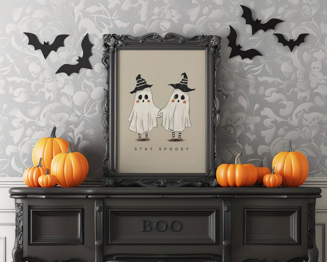 Stay Spooky Cute Ghosts In Witch Hats Beige Halloween Poster - Image 4
