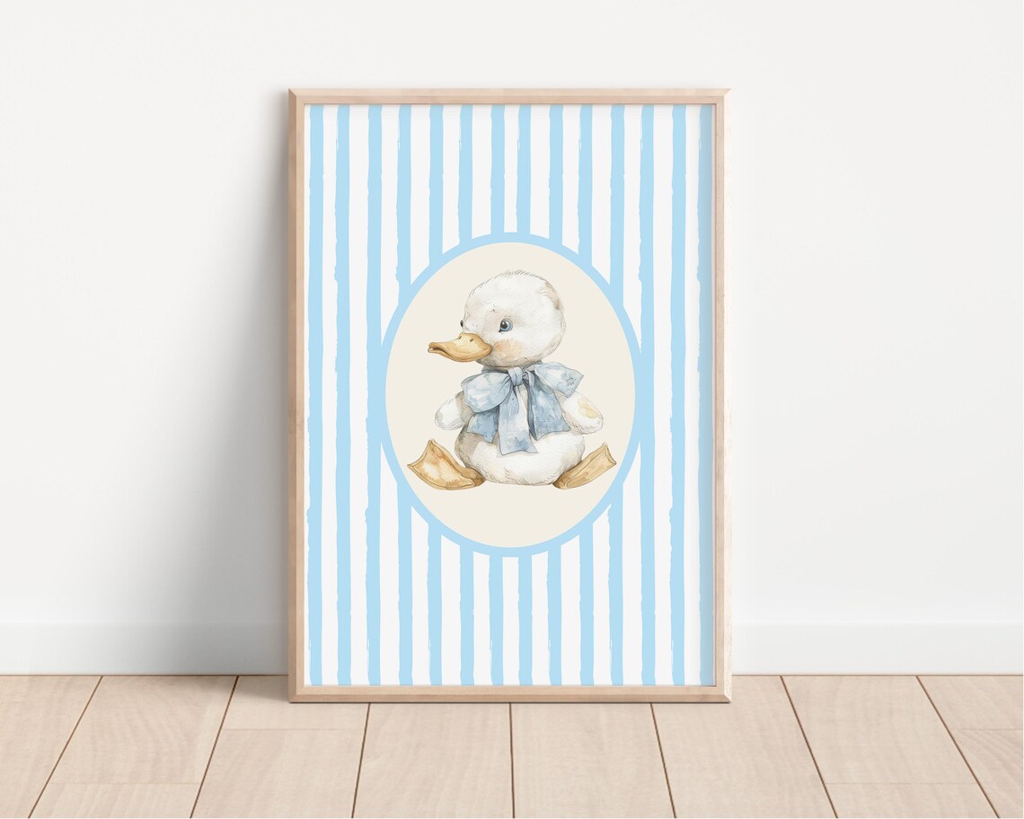 Baby Duck Watercolor Blue Stripes Nursery Animal Decor Poster - Image 4