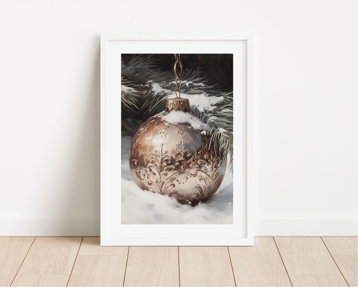 Vintage Gold Bauble Ornament Resting In Snowy Pine Branches Poster - Image 2