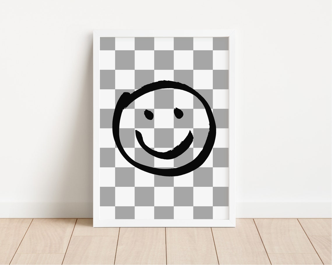 Retro Smiley Face Checkerboard Poster Grey Groovy Kids Room Decor - Image 2