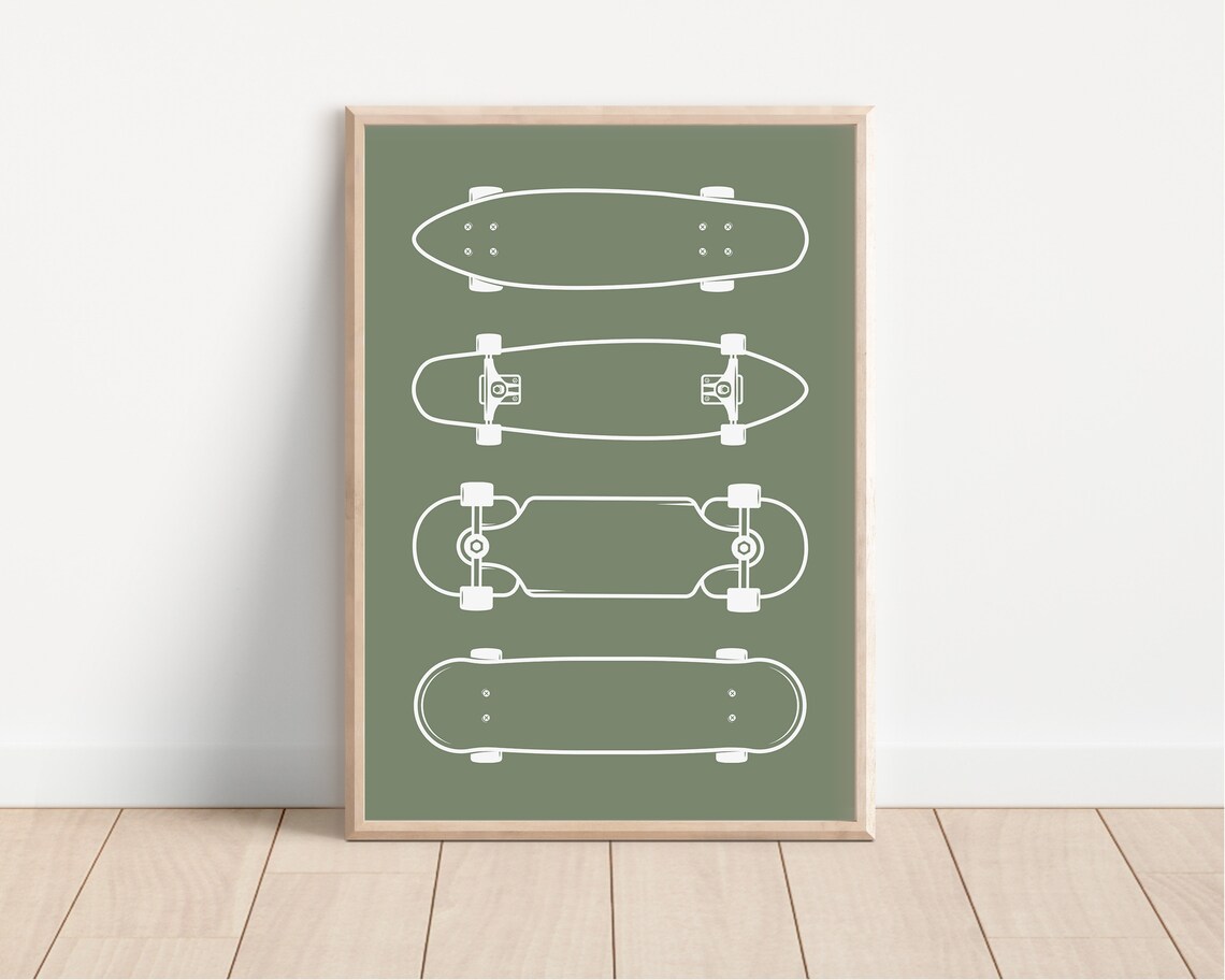 Olive Green Skateboard Deck Line Art Poster Blueprint Boys Room Decor - Image 2