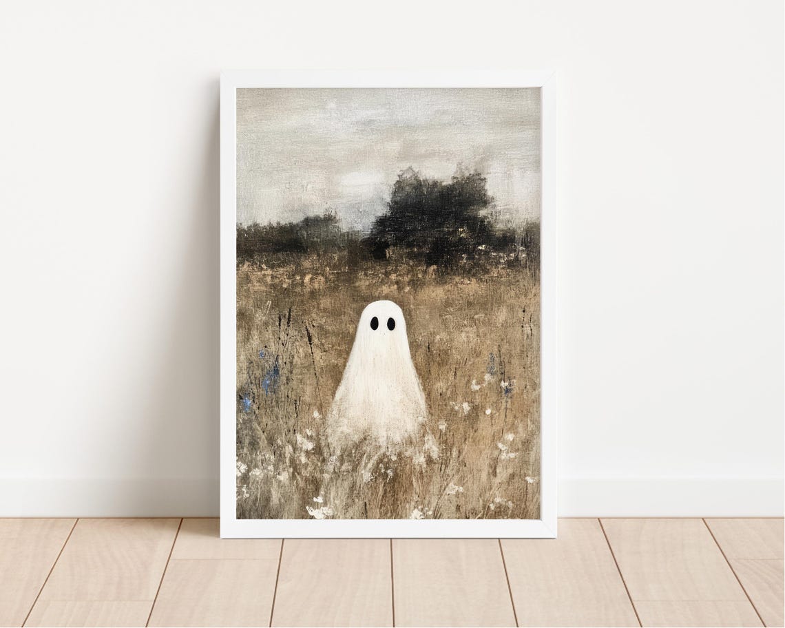 Cute Ghost In A Meadow Vintage Muted Landscape Halloween Poster - Image 4