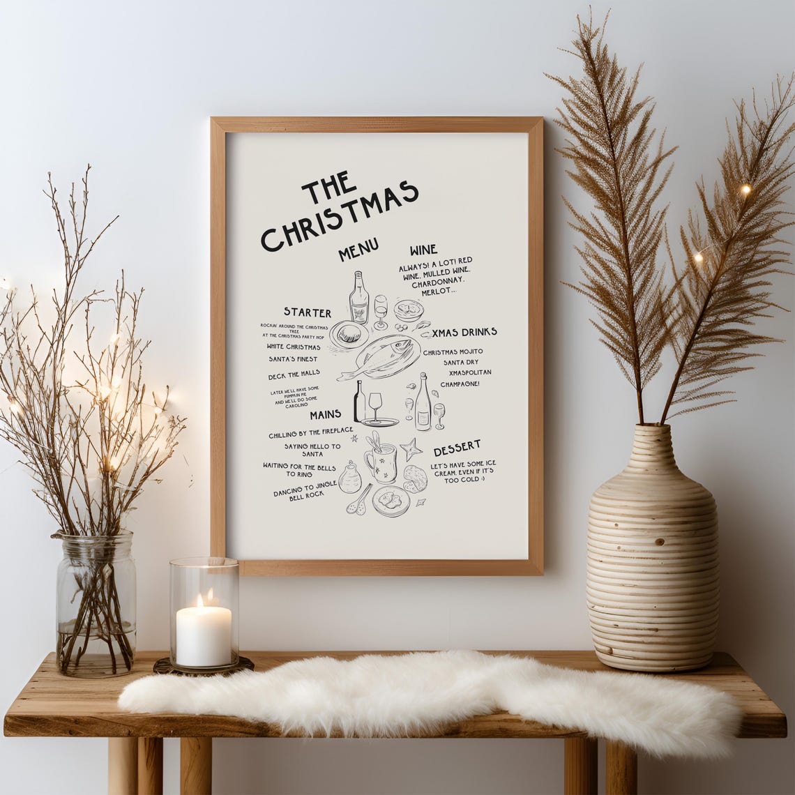 Fun Hand Drawn Christmas Menu Holiday Dinner Party Kitchen Poster