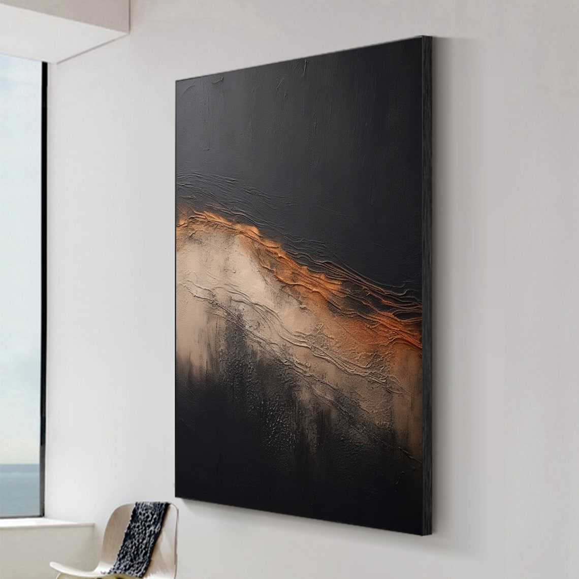 Modern Dark Copper Ridge Textured Black Abstract Painting Poster - Image 2
