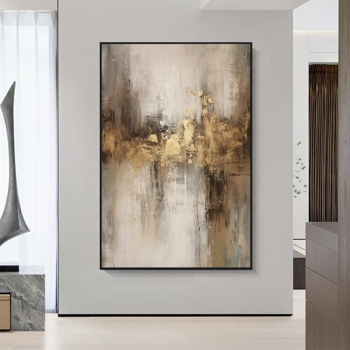 Gold Leaf Accent Abstract Painting With Grey And Cream Tones Poster - Image 2