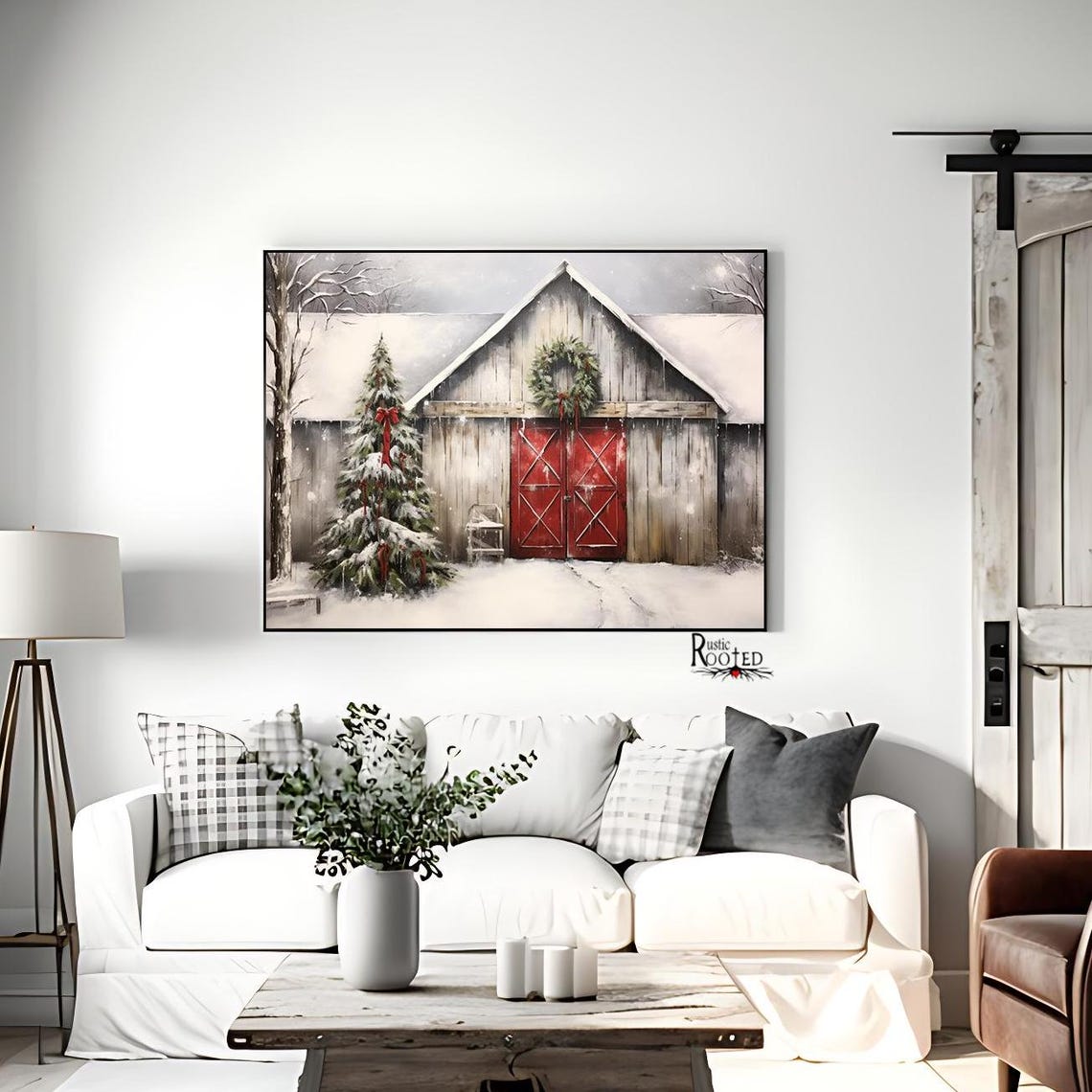 Snowy Winter Red Barn with Christmas Tree Holiday Scene Poster - Image 2