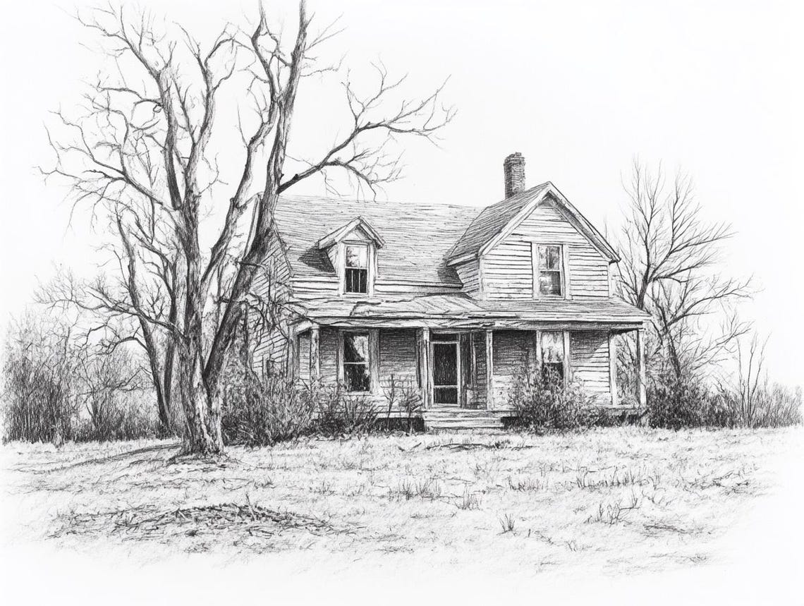 Old Farmhouse Pencil Sketch With A Bare Winter Tree Art Poster - Image 3