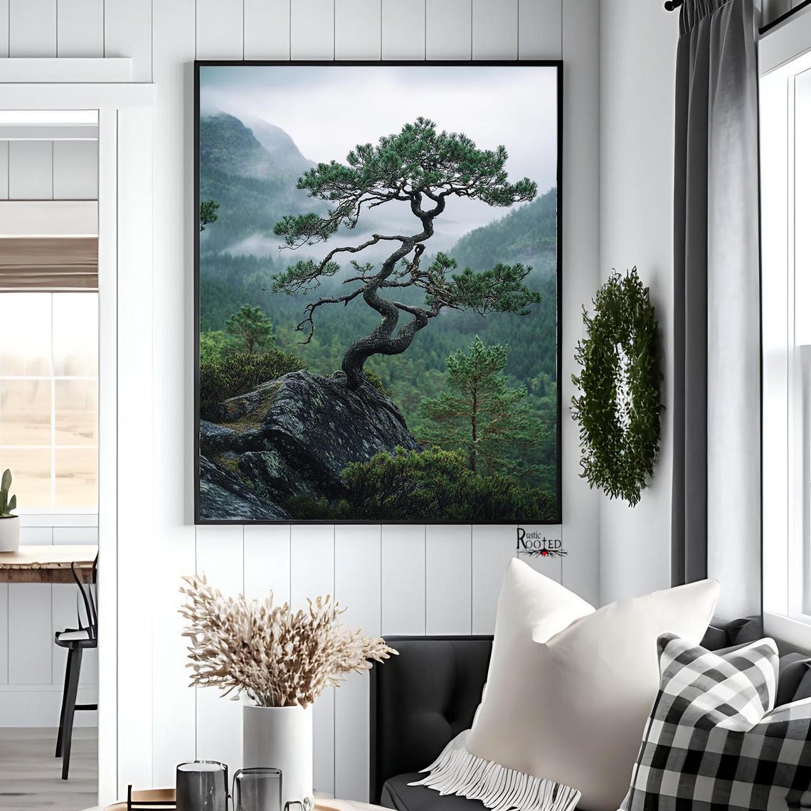 Twisted Pine Tree on a Rocky Cliff Above Misty Forest Poster - Image 3
