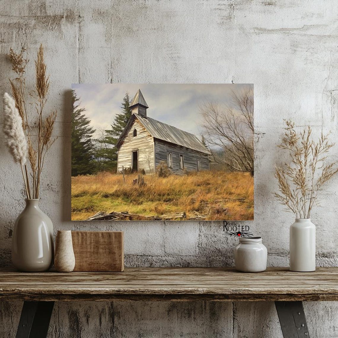 Old Wooden Chapel in Tall Grass Surrounded by Pine Trees Poster - Image 2