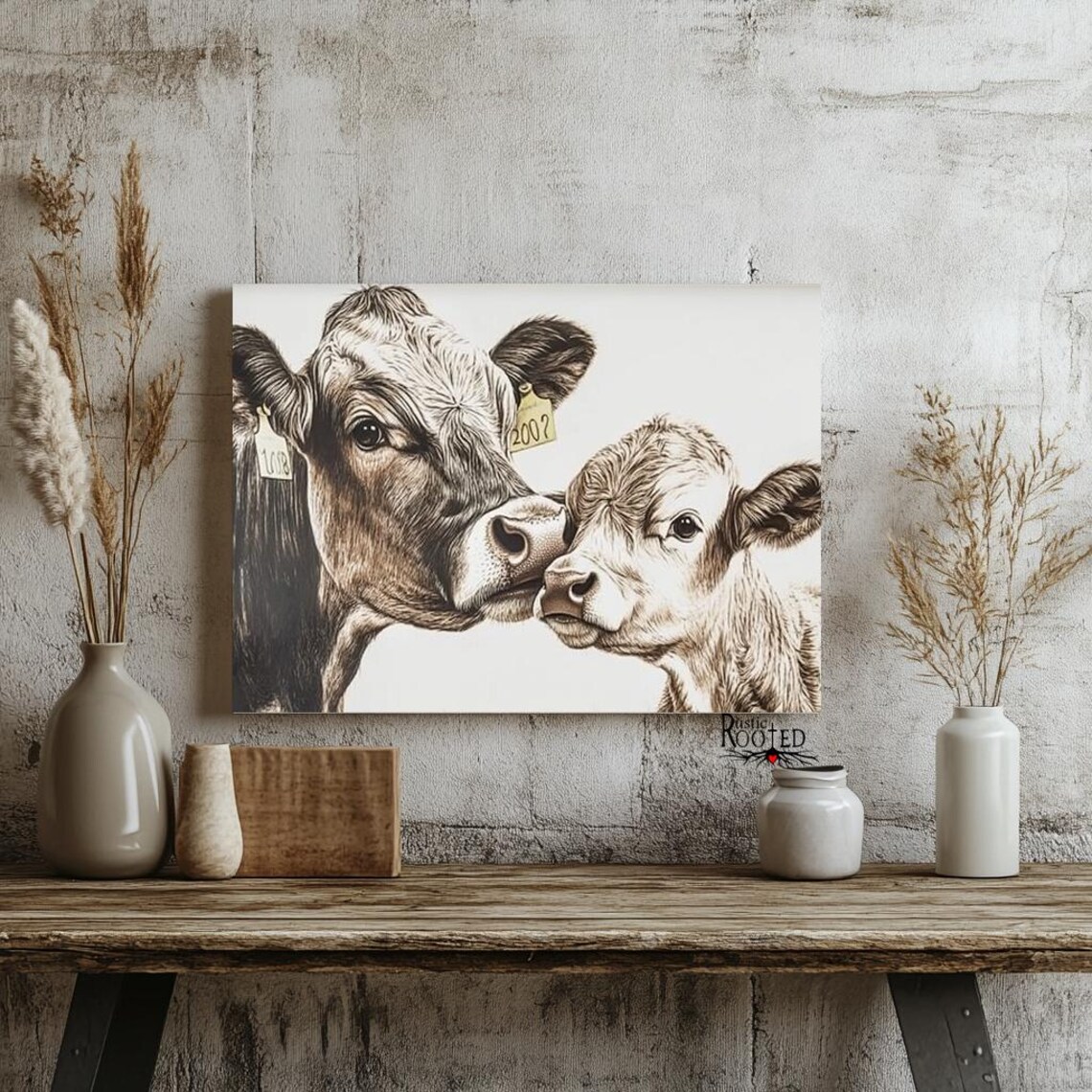 Mother Cow and Calf Nuzzling Sepia Tone Farm Animal Art Poster