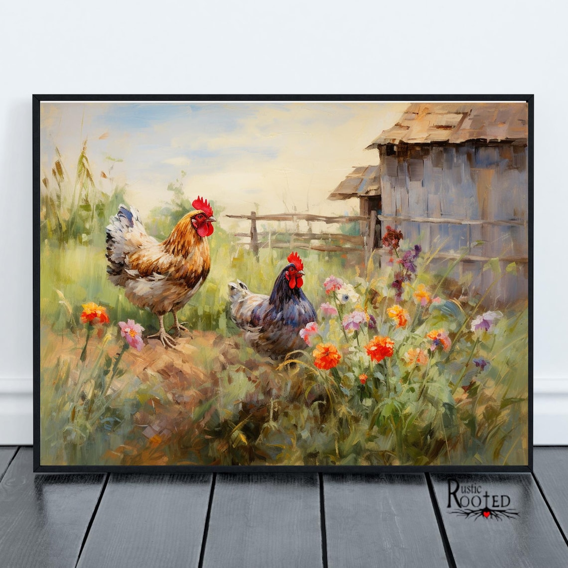 Chicken and Flowers, Modern Farmhouse Art Print