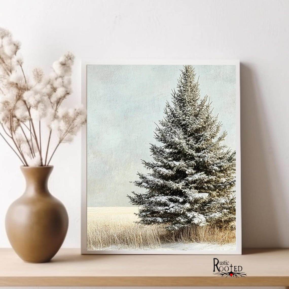 Snow-Covered Evergreen Tree in a Serene Winter Field Scene Poster - Image 2