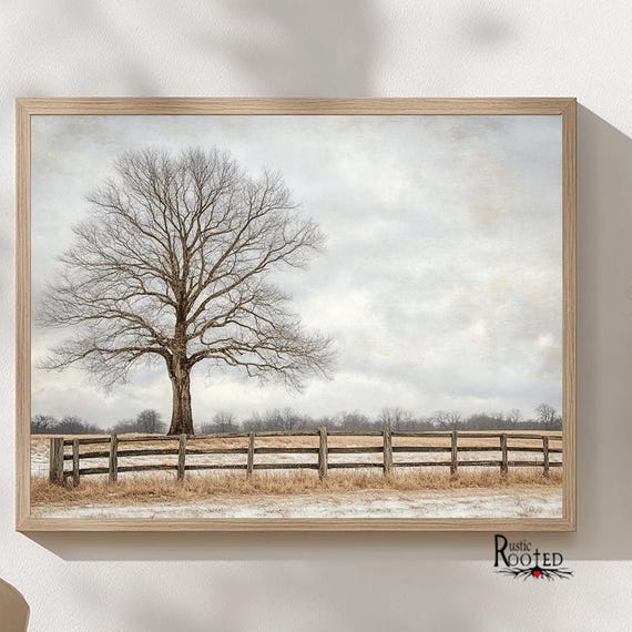 Single Tree Old World Country Landscape Artwork Modern Farmhouse Decor Neutral Color Art Bathroom Decor Framed Print Poster