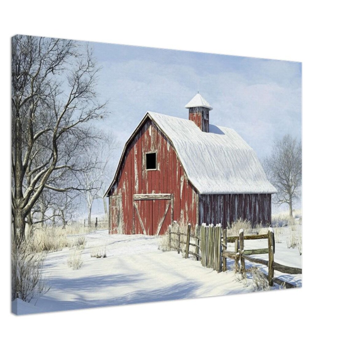 Red Barn with Cupola in Fresh Snow Beside a Wooden Fence Poster - Image 4