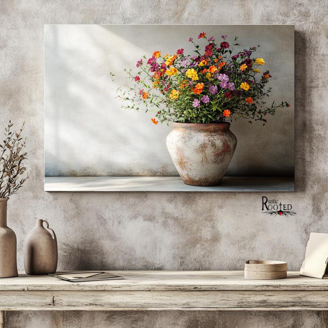 Colorful Wildflowers in a Rustic Clay Pot Farmhouse Photo Poster - Image 3