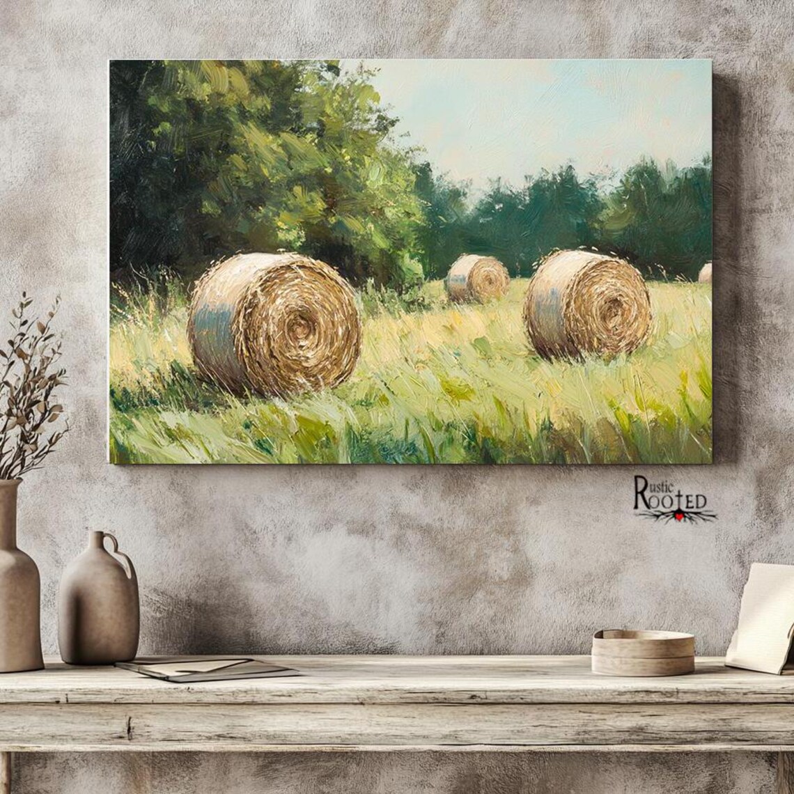 Impressionist Hay Bales in a Sunlit Field Country Farm Landscape Poster - Image 3