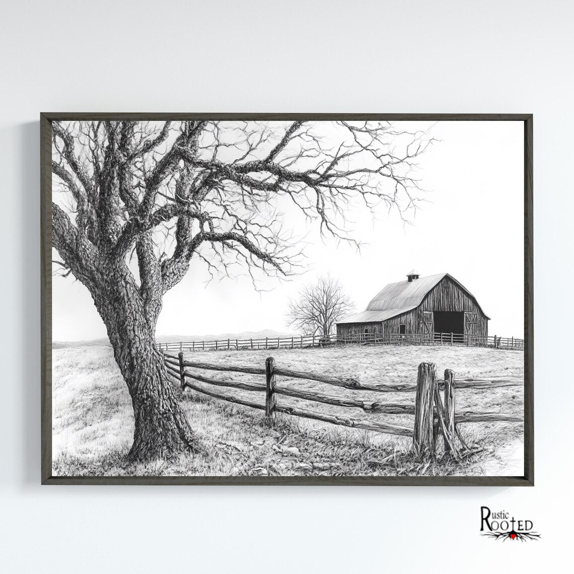 Charcoal Drawing of a Big Oak Tree Barn and Wooden Fence Poster