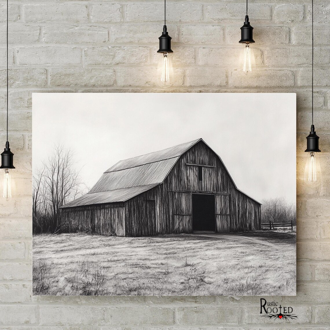 Black and White Charcoal Drawing of an Old Country Barn Poster - Image 4