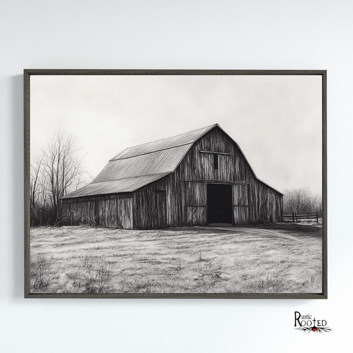 Black and White Charcoal Drawing of an Old Country Barn Poster