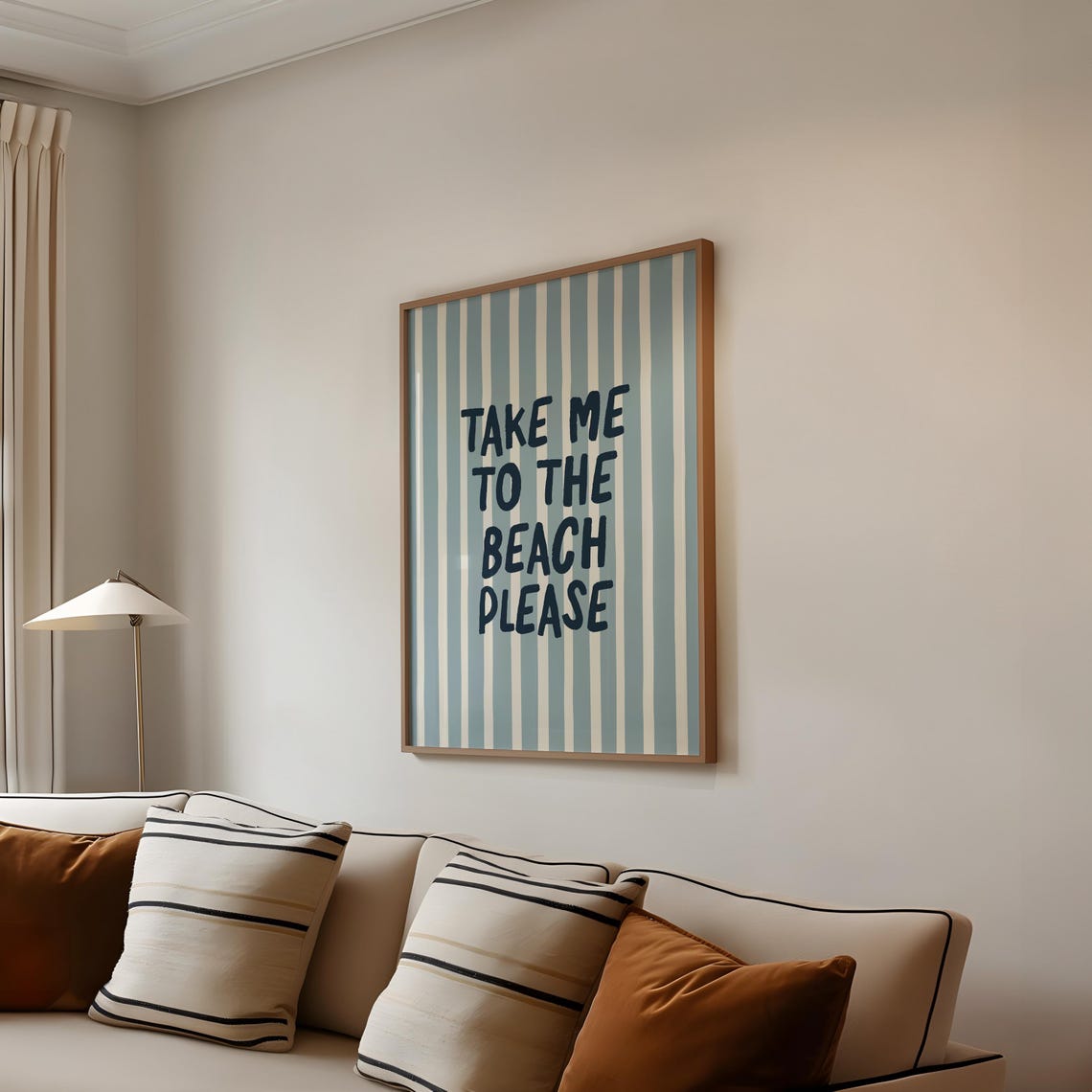 Take Me to the Beach Please Print Blue Striped Coastal Quote Wall Art