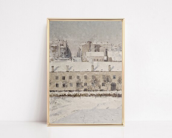 Snow Covered European Old Town Vintage Winter Christmas Art Poster
