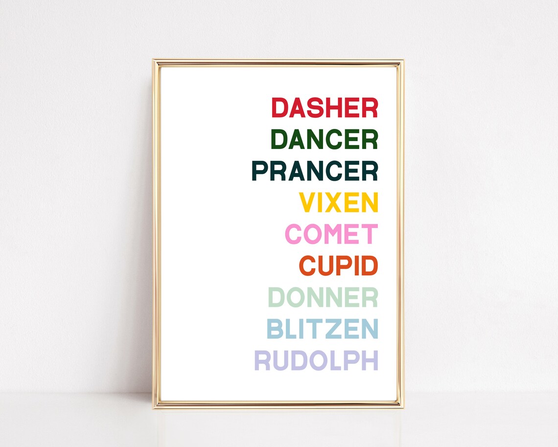 Colorful Christmas Reindeer Names Art Print