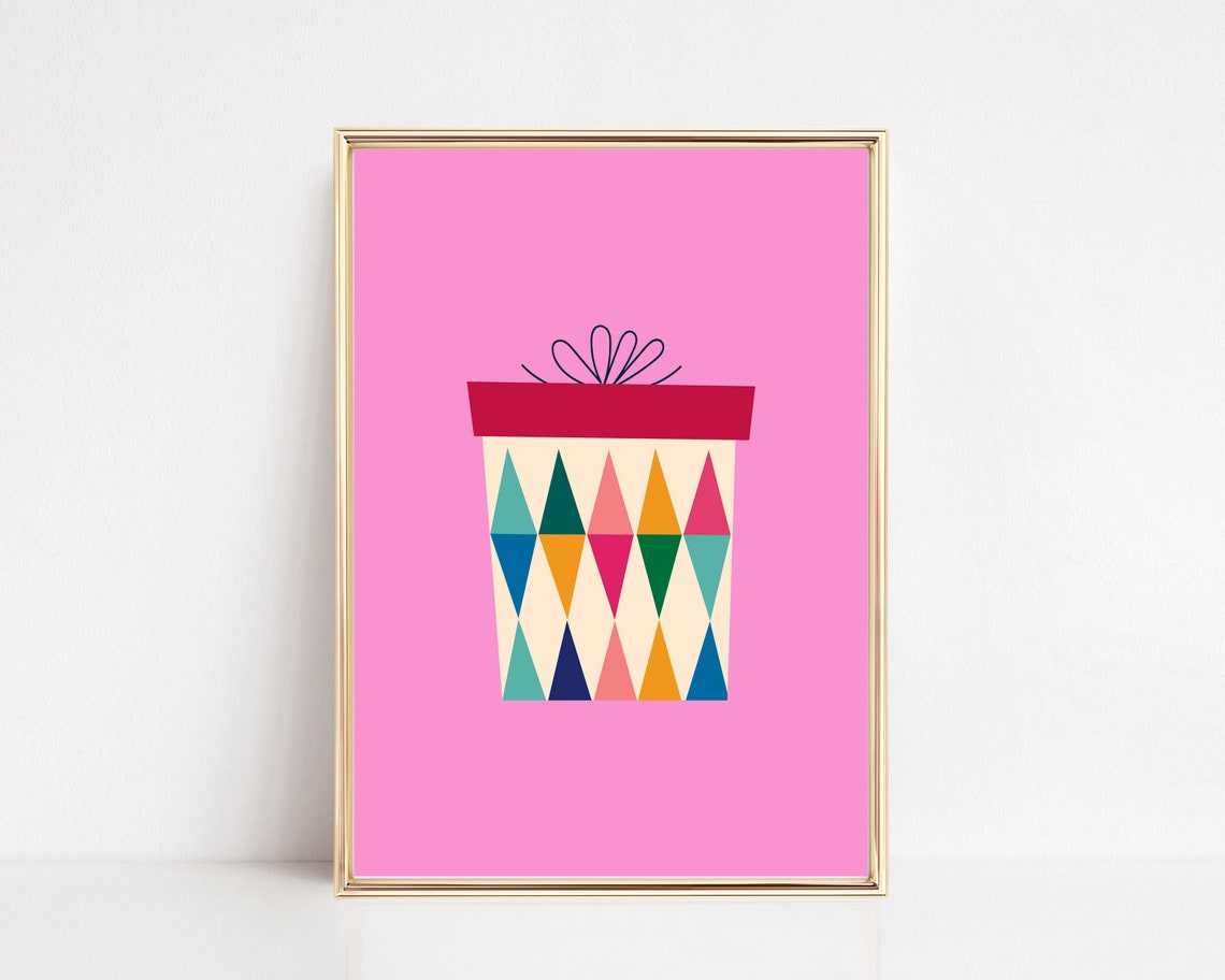 Colorful Geometric Gift Box Pink Background Christmas Art Poster
