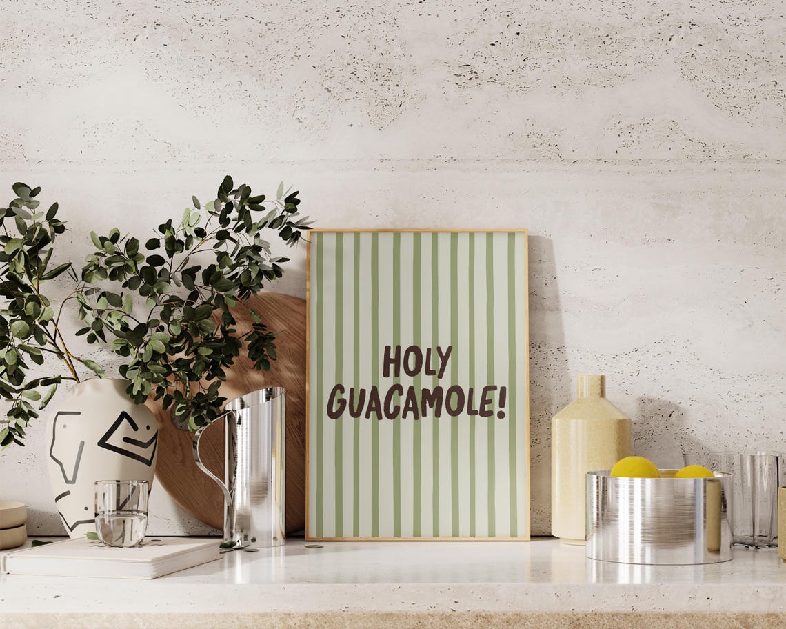 Holy Guacamole Funny Sage Green Striped Kitchen Quote Poster