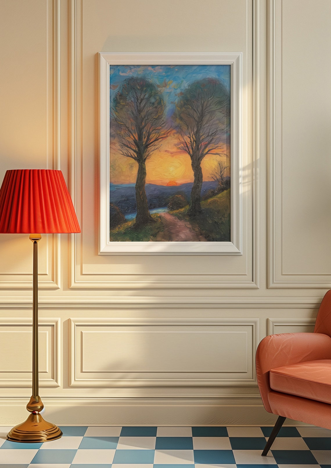 Sunset Two Trees Silhouette Landscape Poster In Impressionist Oil - Image 7