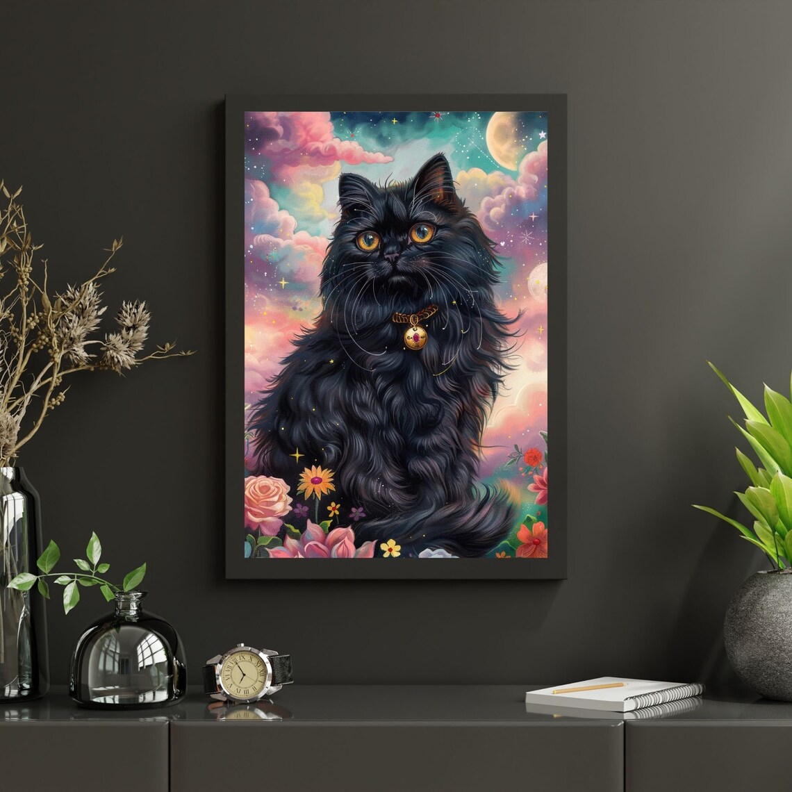 Fluffy Black Cat Fantasy Poster With Golden Collar In Floral Sky - Image 4